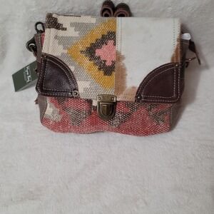 Myra Bag~Messenger Handbag~Canvas W/ Flap Cowhide‎ Aztec Cow Print  NWT.